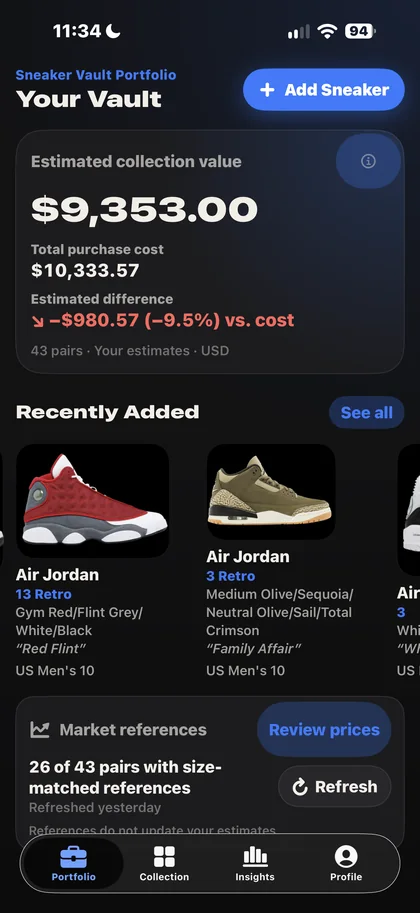 Portfolio screen with estimated collection value, purchase cost and difference.