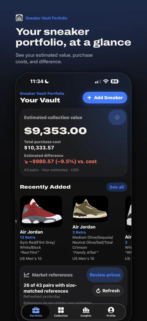 Portfolio screen showing estimated collection value, total purchase cost and the difference, with recently added pairs.