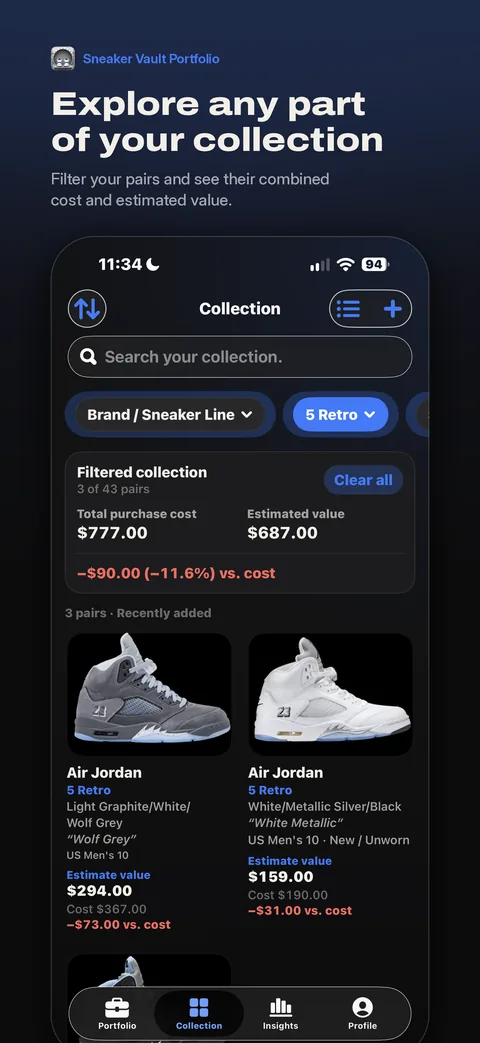 Collection screen filtered to 5 Retro pairs, with a combined purchase cost and estimated value.