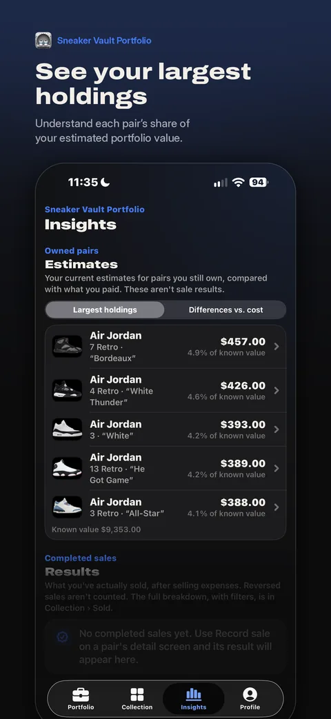 Insights screen listing the largest holdings and each pair’s share of known value.